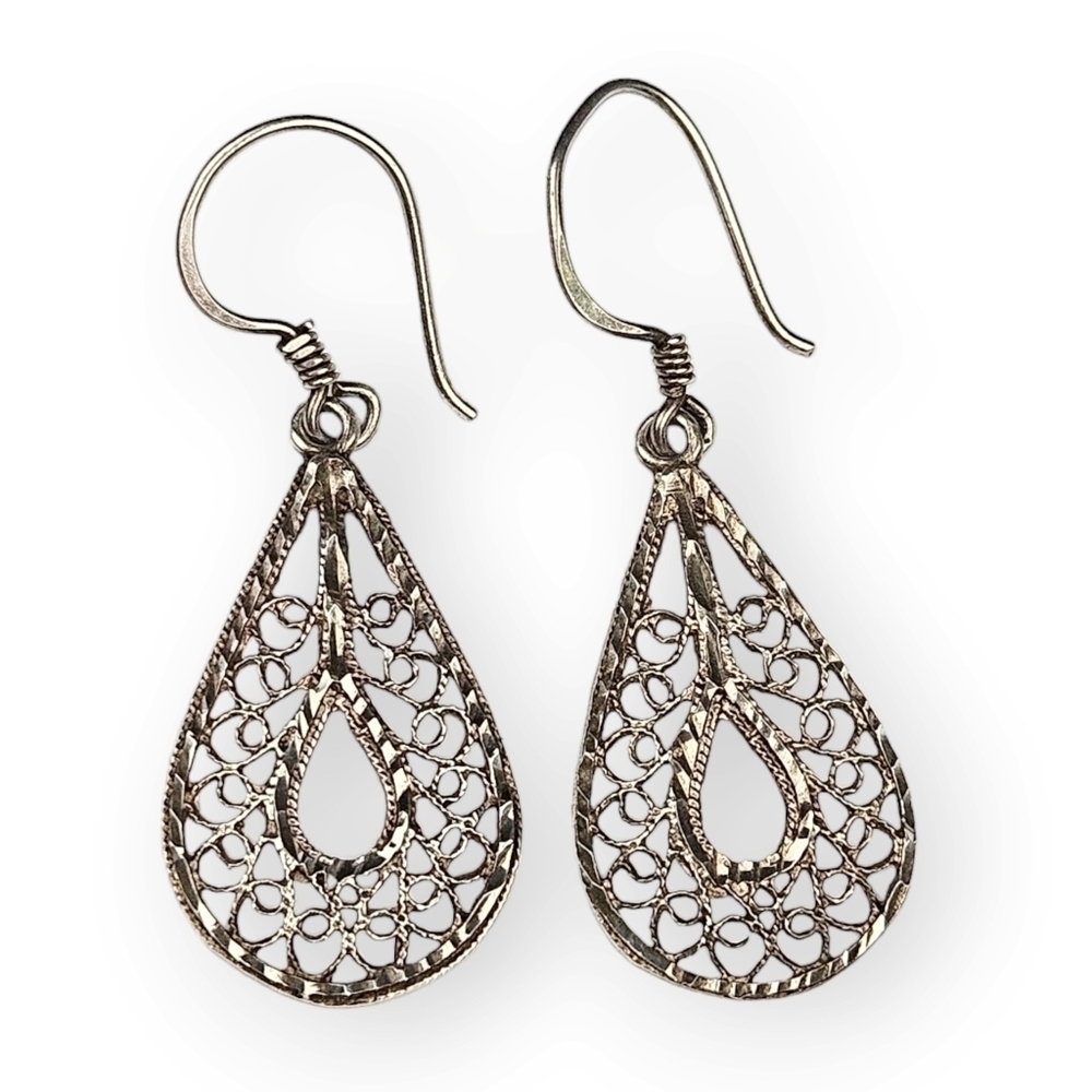 Sterling Filigree Drop Earrings Teardrop Diamond Cut 925 Silver FAS 1 5/8" Long